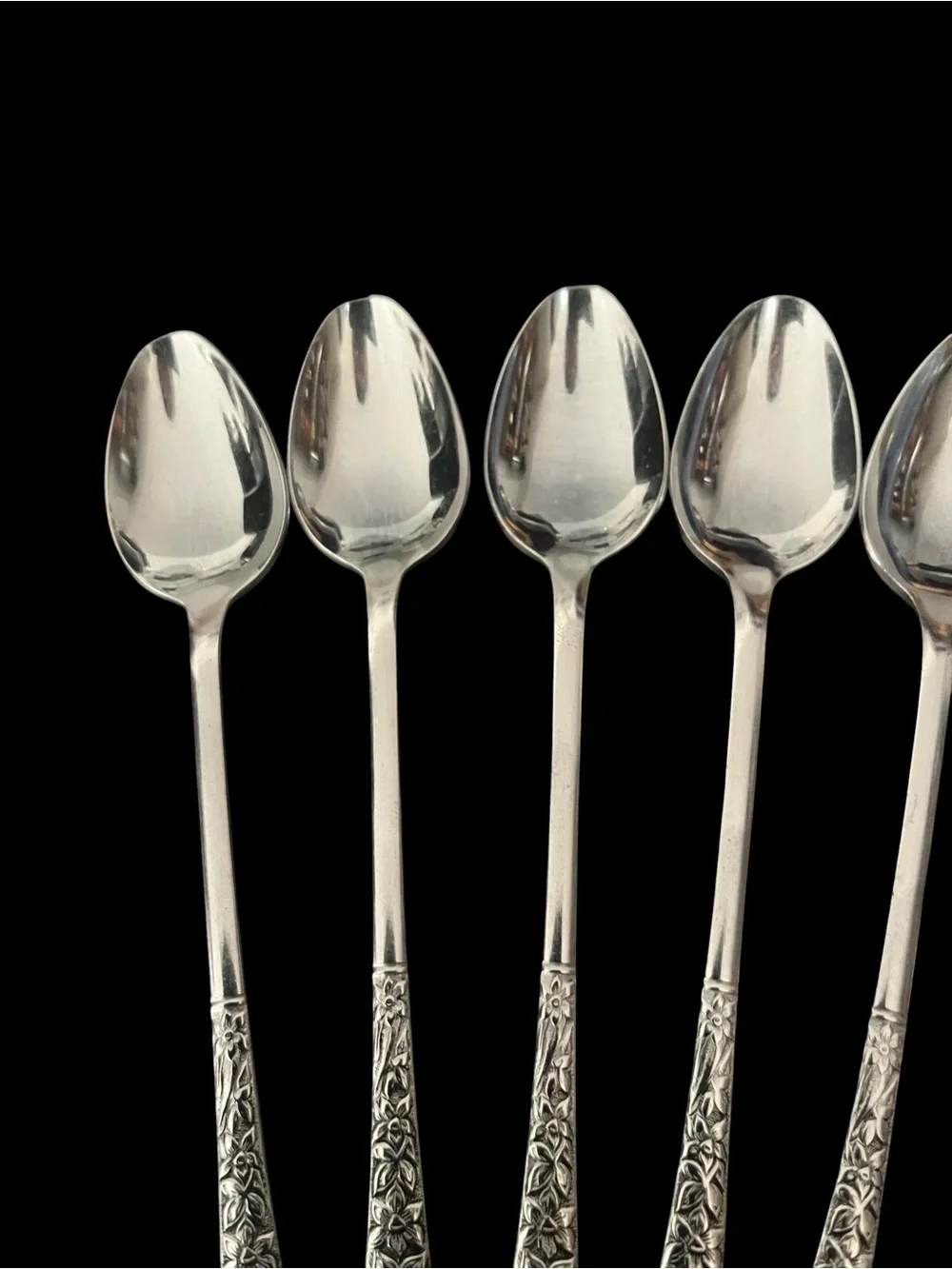 VTG Nasco Narcissus Japan Embossed Floral Set of 7 Long Handle Teaspoons Ice Tea